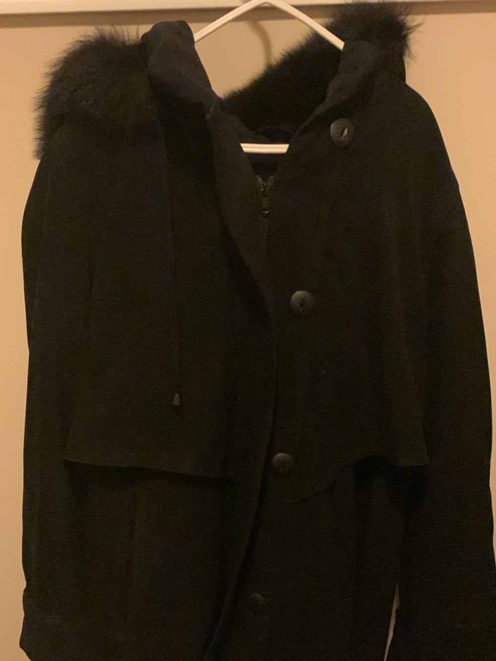 Black Hooded Trench Coat with Fur Trim